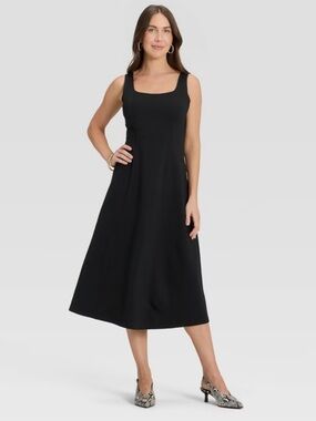 Classic Black Square-Neck Midi Dress Size L